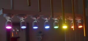 Colored ceiling lights of the rainbow.